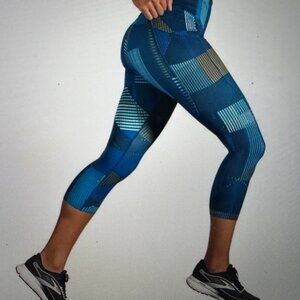 Brooks 221522 Method Women’s Small Leggings 3/4 Crop Tight Blue Motion Print Wom